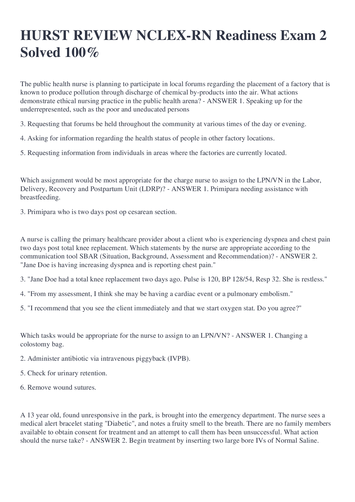 Preview of ***HURST REVIEW NCLEX-RN Readiness Exam 1***, Hurst Practice Exam 2, Hurst Review Test # 3